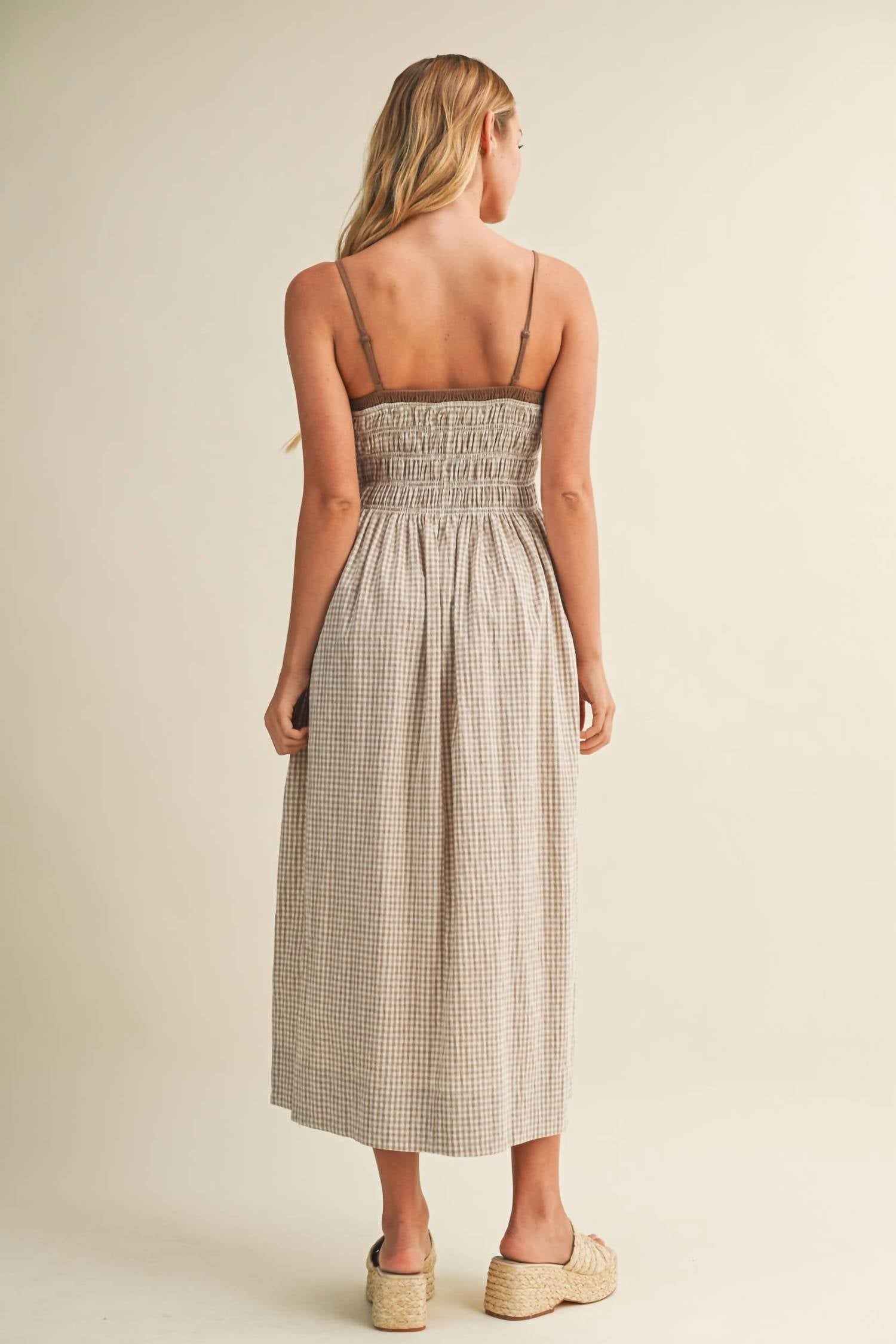 Mustard Seed Sunlit Meadow Smocked Gingham Midi Dress in brown - women's dress - detail view