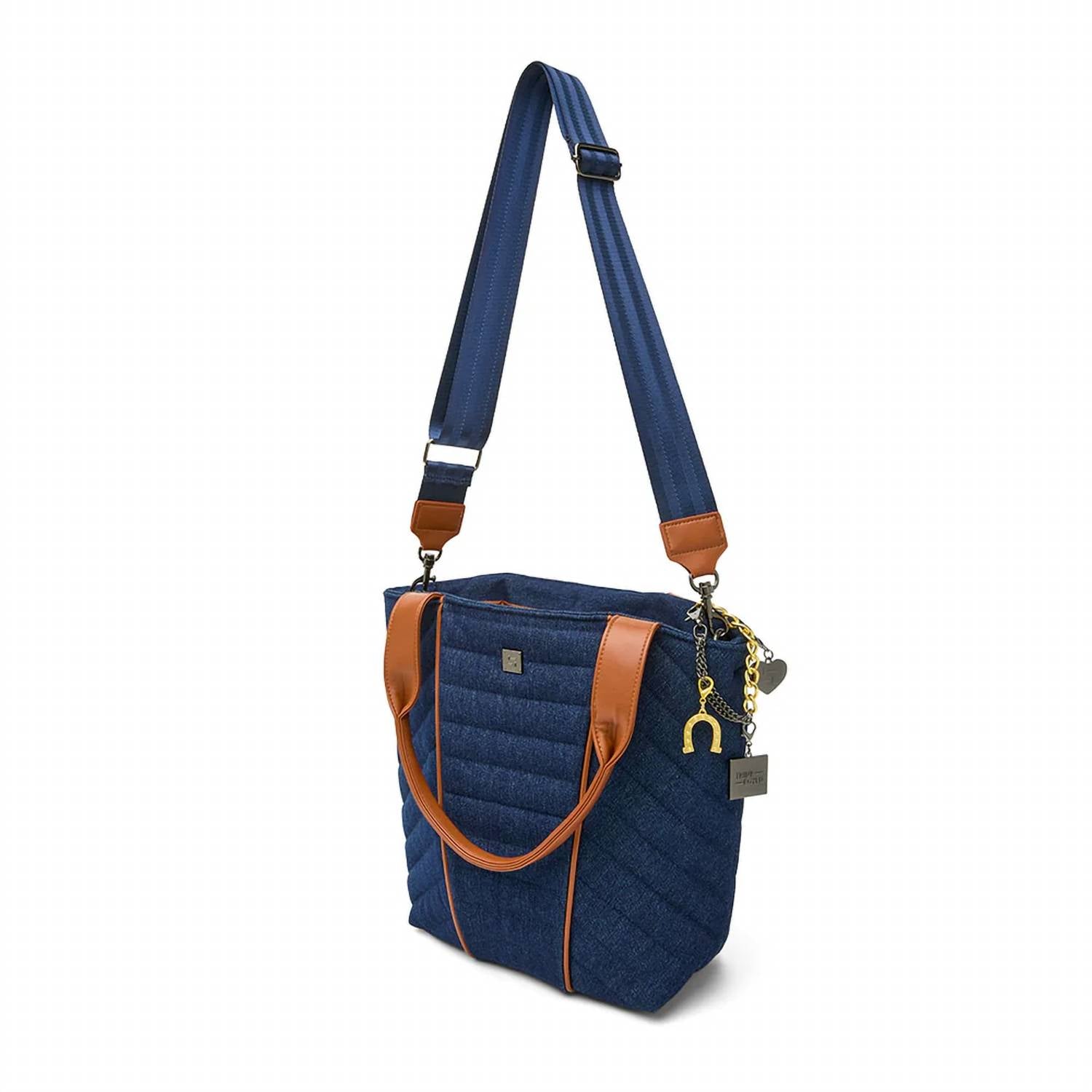 THINK ROYLN High Note Tote in dark denim w mocha luxe trim - women's bag - detail view