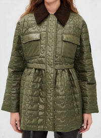 GANNI Shiny Quilted Midi Flare Jacket in kalamata - women's jacket