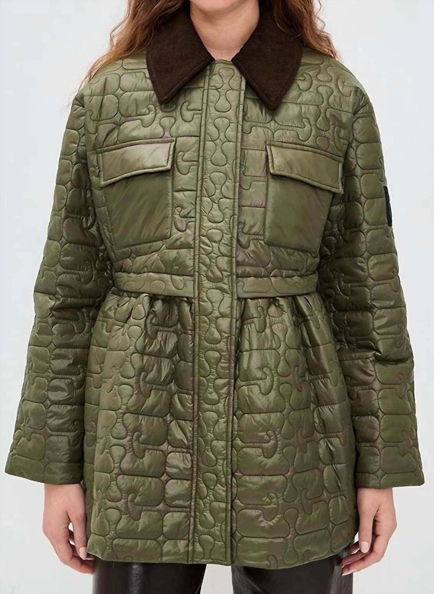 GANNI Shiny Quilted Midi Flare Jacket in kalamata - women's jacket