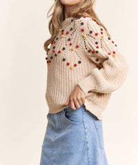 J.Nna - Eyelet Cable Knit Pompom Knit Sweater Top