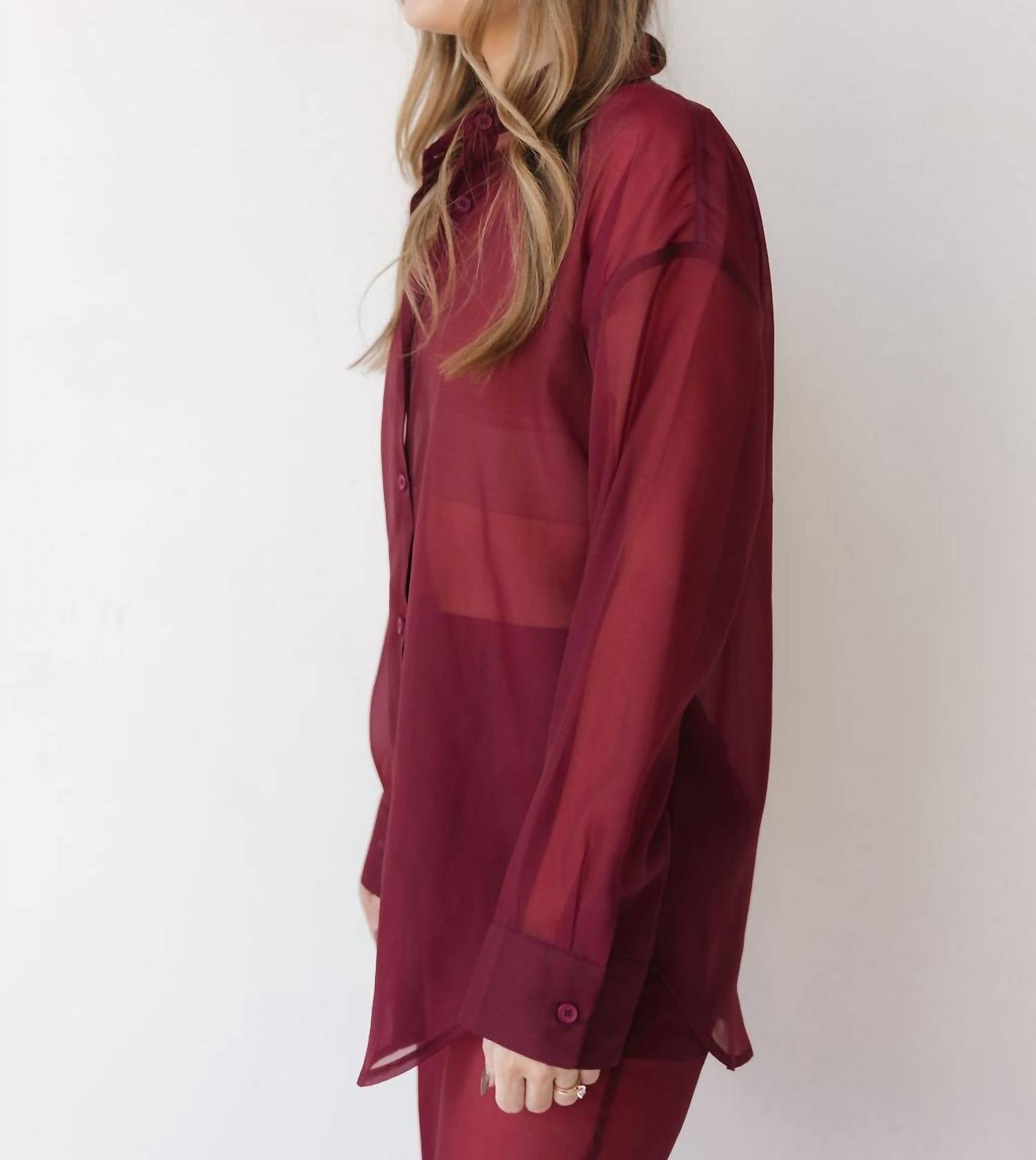 Mimosa Sheer Elegance Top in burgundy wine - women's long sleeve top - detail view