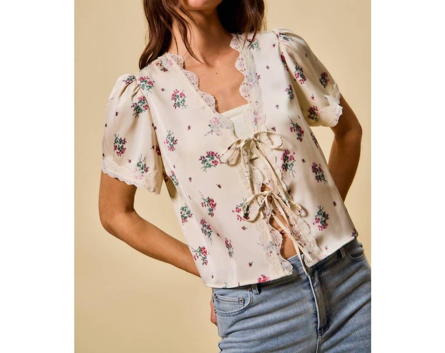So Me - Rose Satin Tie Front Floral Blouse