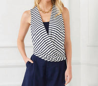 Karen Kane Women's Sible Stripe Layered Drape Front Top in navy - women's blouse - view 4
