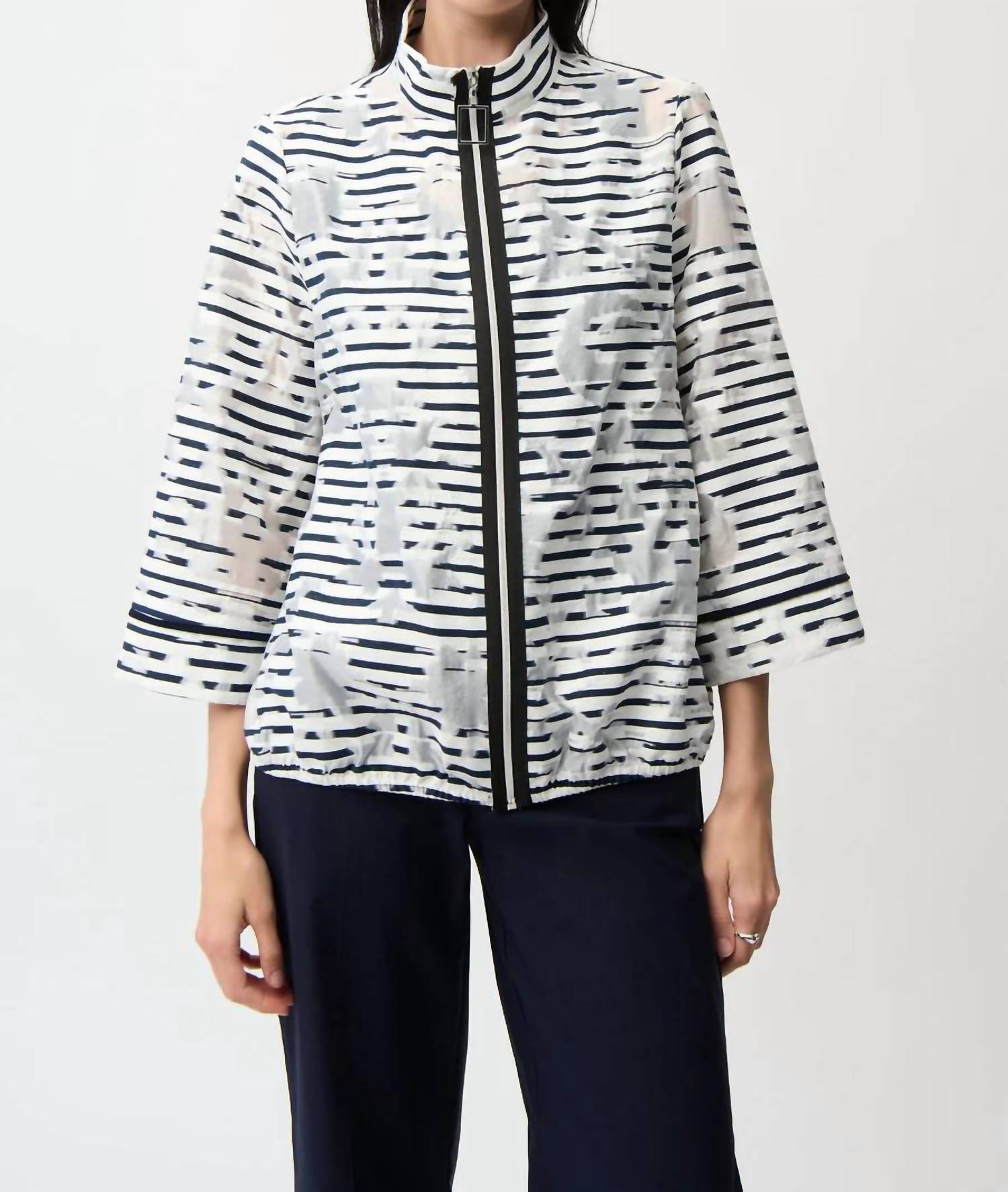 Joseph Ribkoff Jacquard Organza Stripped Bomber Jacket in off white navy - women's jacket