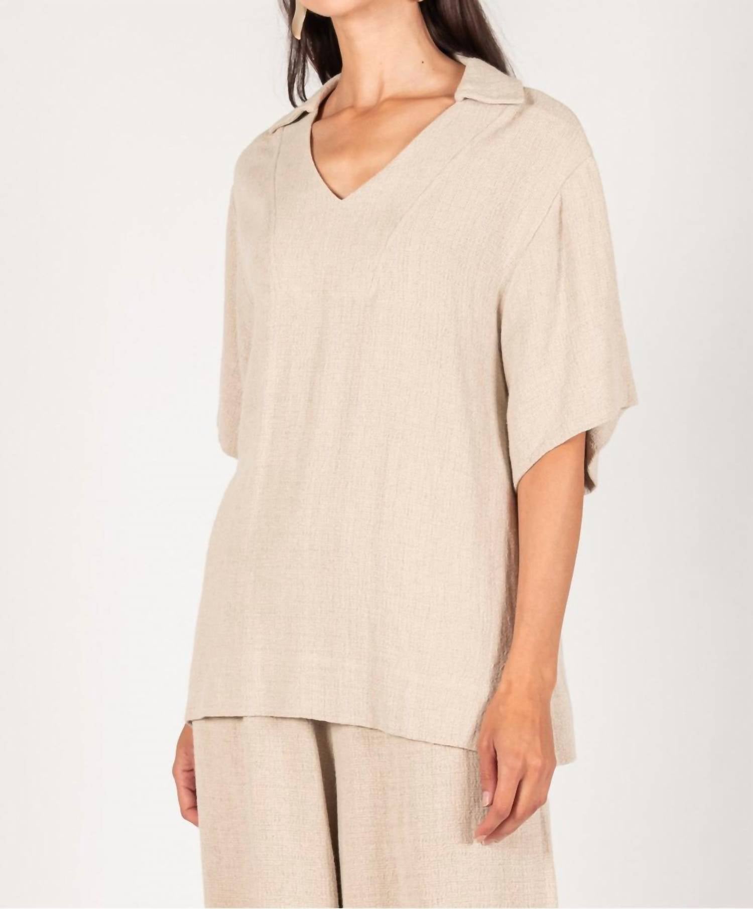 P.Cill - Linen Collared V-neck Top
