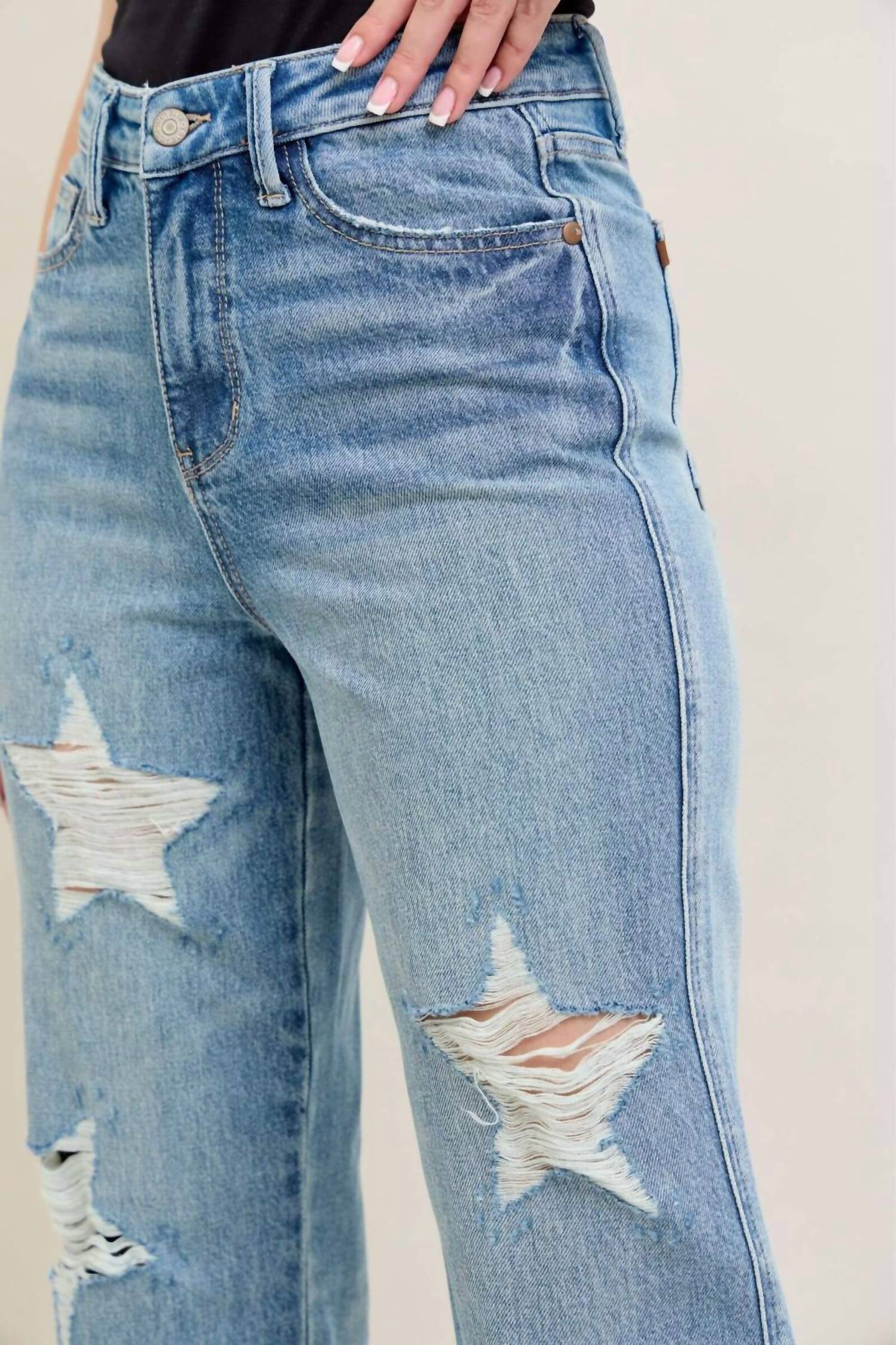 Judy Blue - High Waist Rigid Magic Star Shaped Destroy 90's Straight Leg Jeans