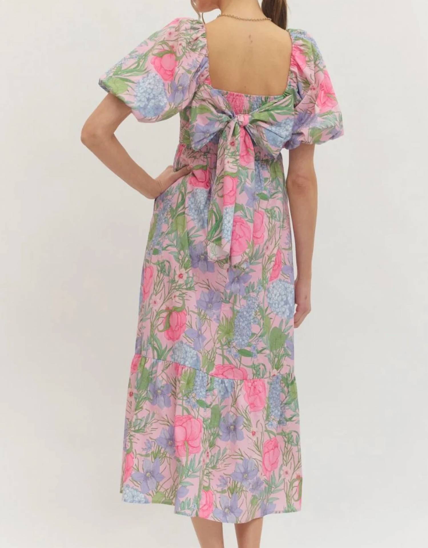 Entro - Floral Print Short Puff Sleeve Midi Dress