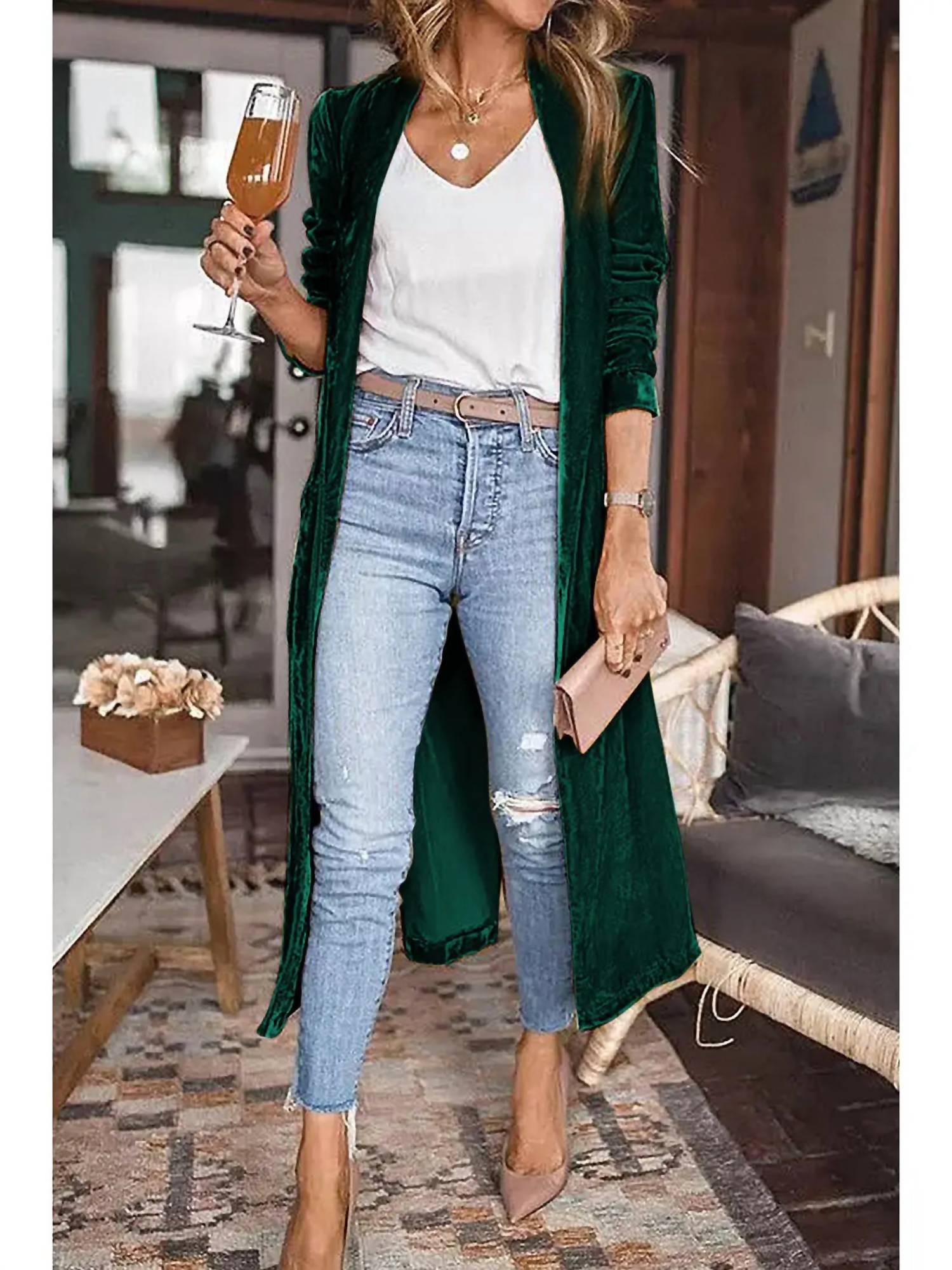 Pretty Bash - Valerie Velvet Open Front Pocketed Cardigan