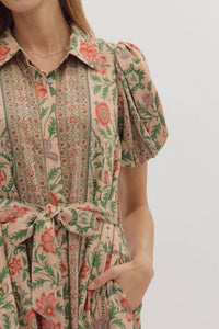 entro Botanical Print Puff Sleeve Midi Dress in natural multi - women's dress - view 6