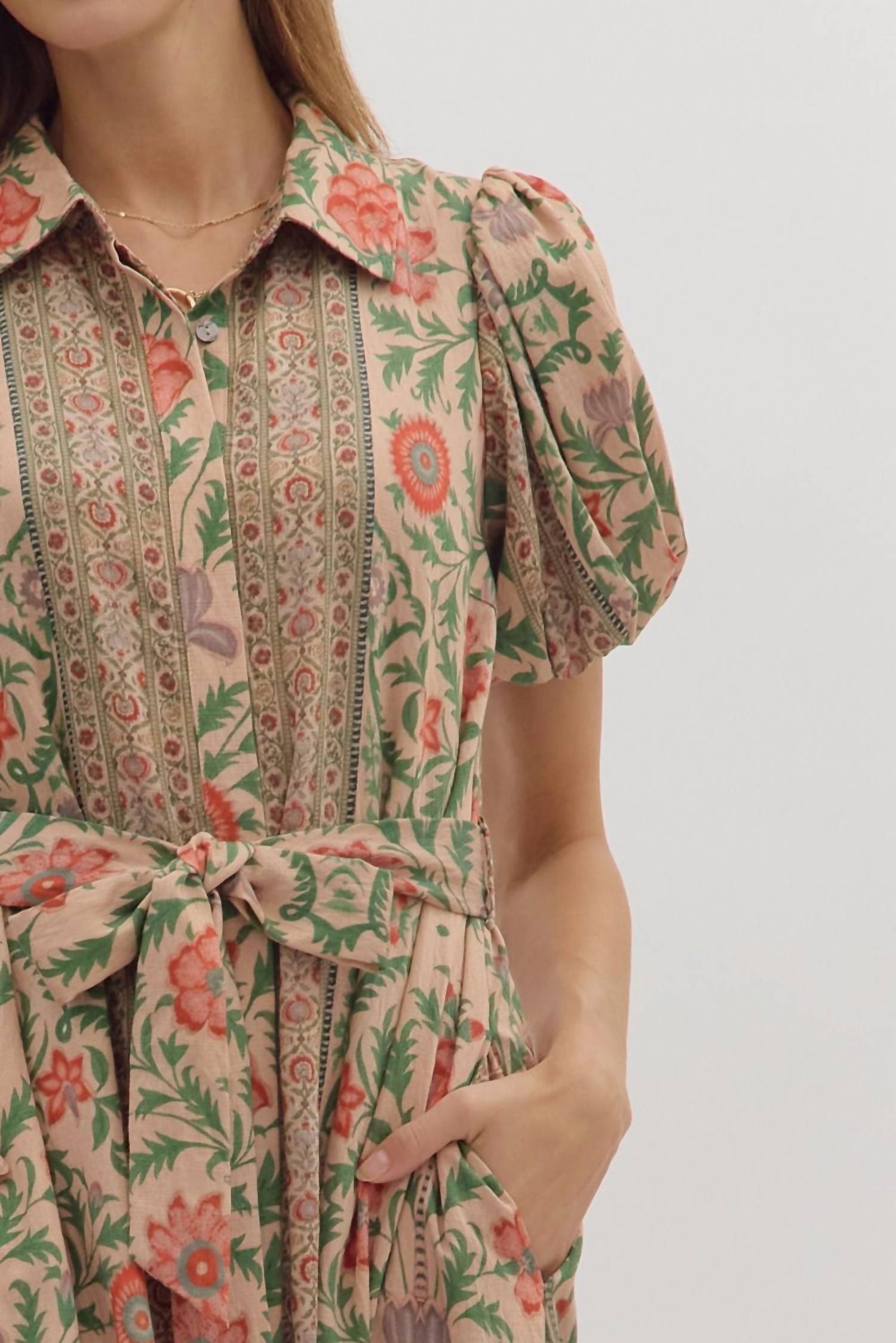 entro Botanical Print Puff Sleeve Midi Dress in natural multi - women's dress - view 6