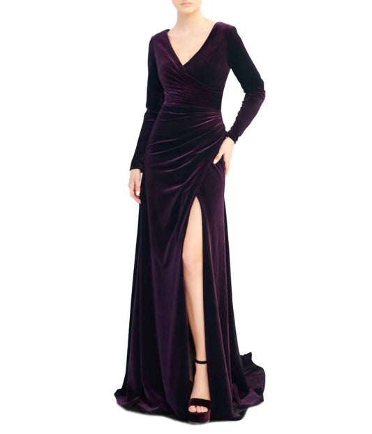 Mac Duggal - Velvet Ruched Long Sleeve Gown