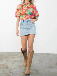 THML Puff Sleeve Floral Print Top in coral - women's blouse - view 4