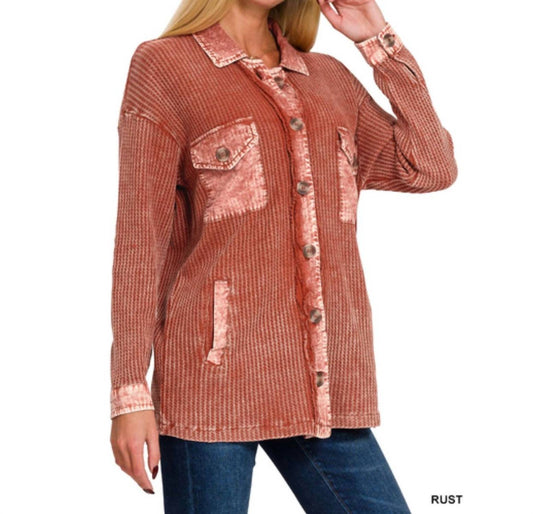 Zenana - Women's Tori Waffle Knit Acid Wash Shacket