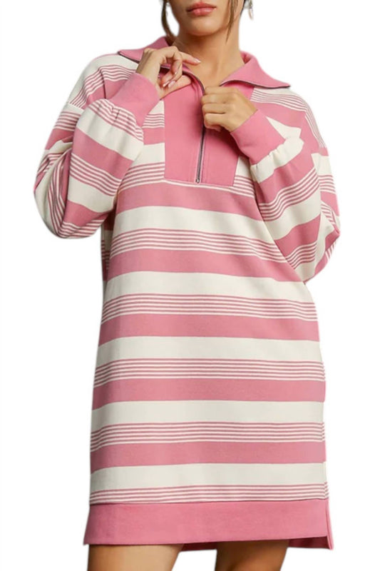 Umgee - Striped Half-Zip Knit Dress