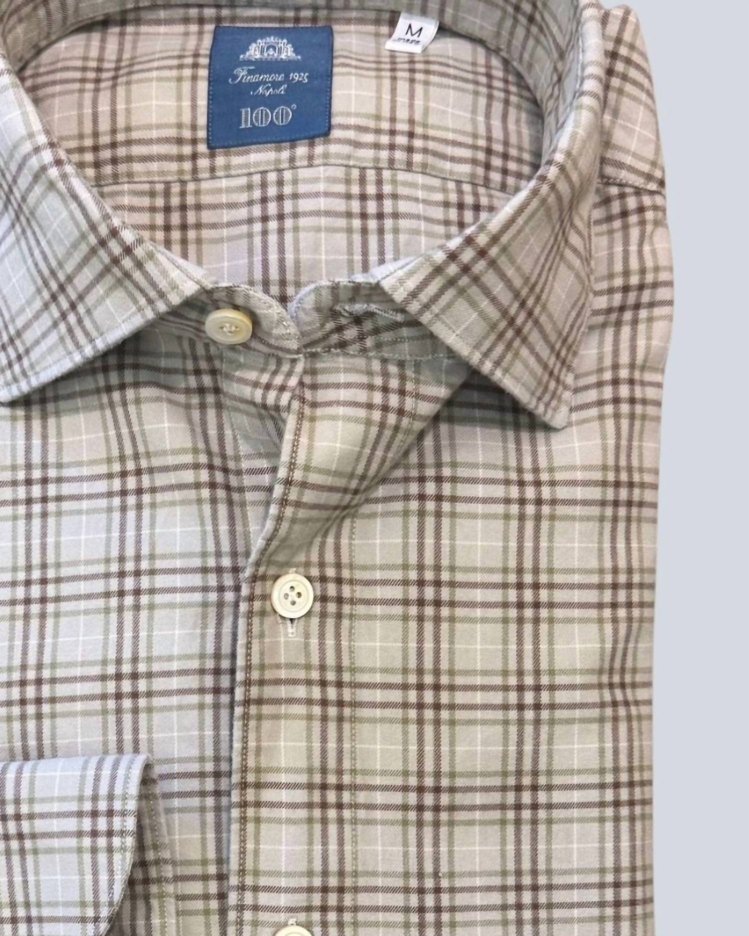 Finamore Men's Plaid Shirt in brown mix - men's long sleeve top - detail view