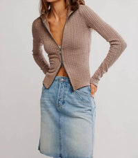 Free People Brunch Girl Zip Up Top in brown - women's long sleeve top