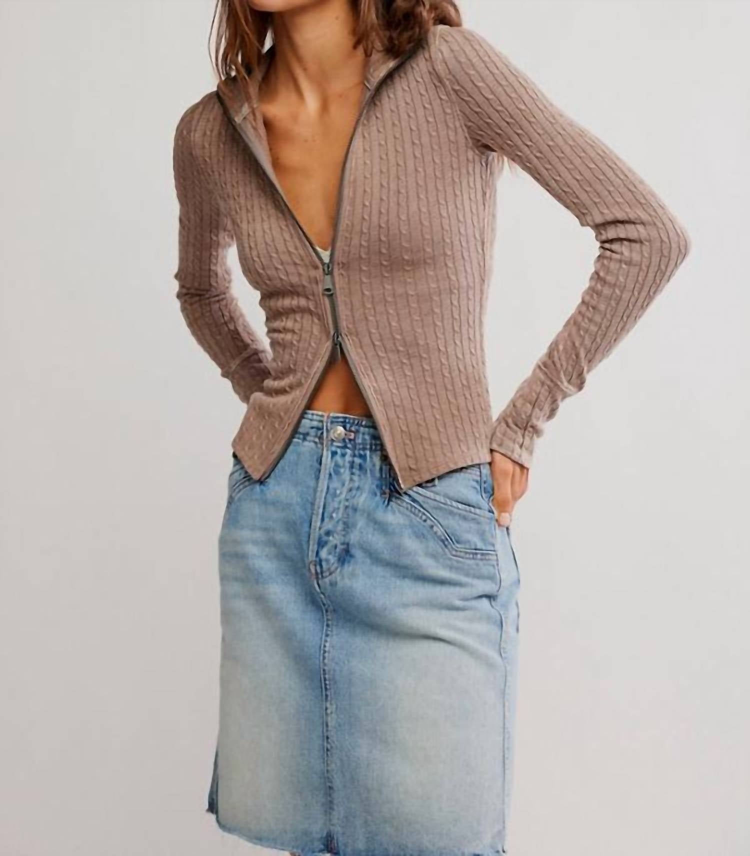 Free People Brunch Girl Zip Up Top in brown - women's long sleeve top