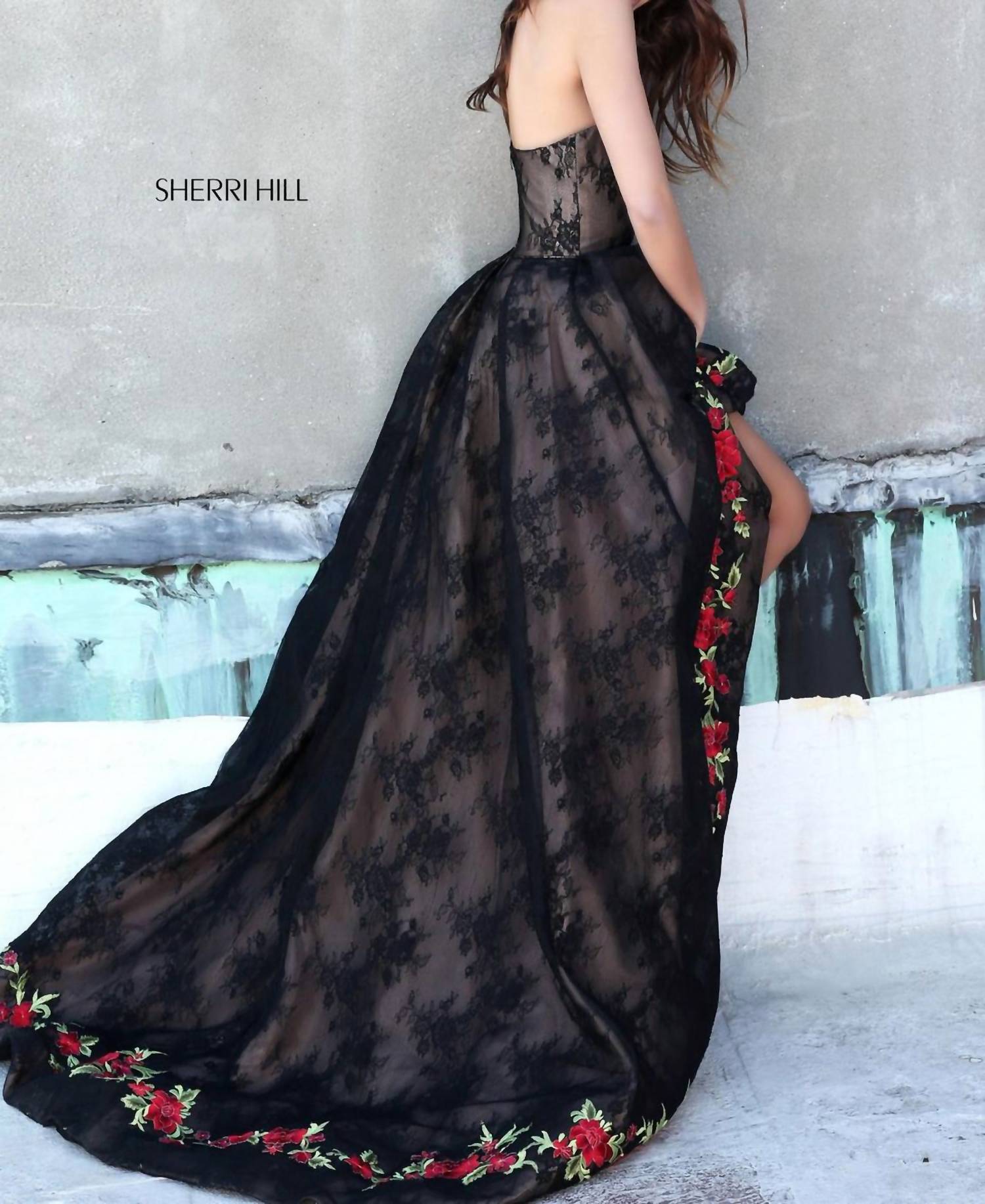 Sherri Hill Lace Floral Embroidered High Low Gown in black - women's dress - detail view