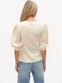 SIX/FIFTY Mixed Media Short Sleeve Top in pearl - women's blouse - alternate view