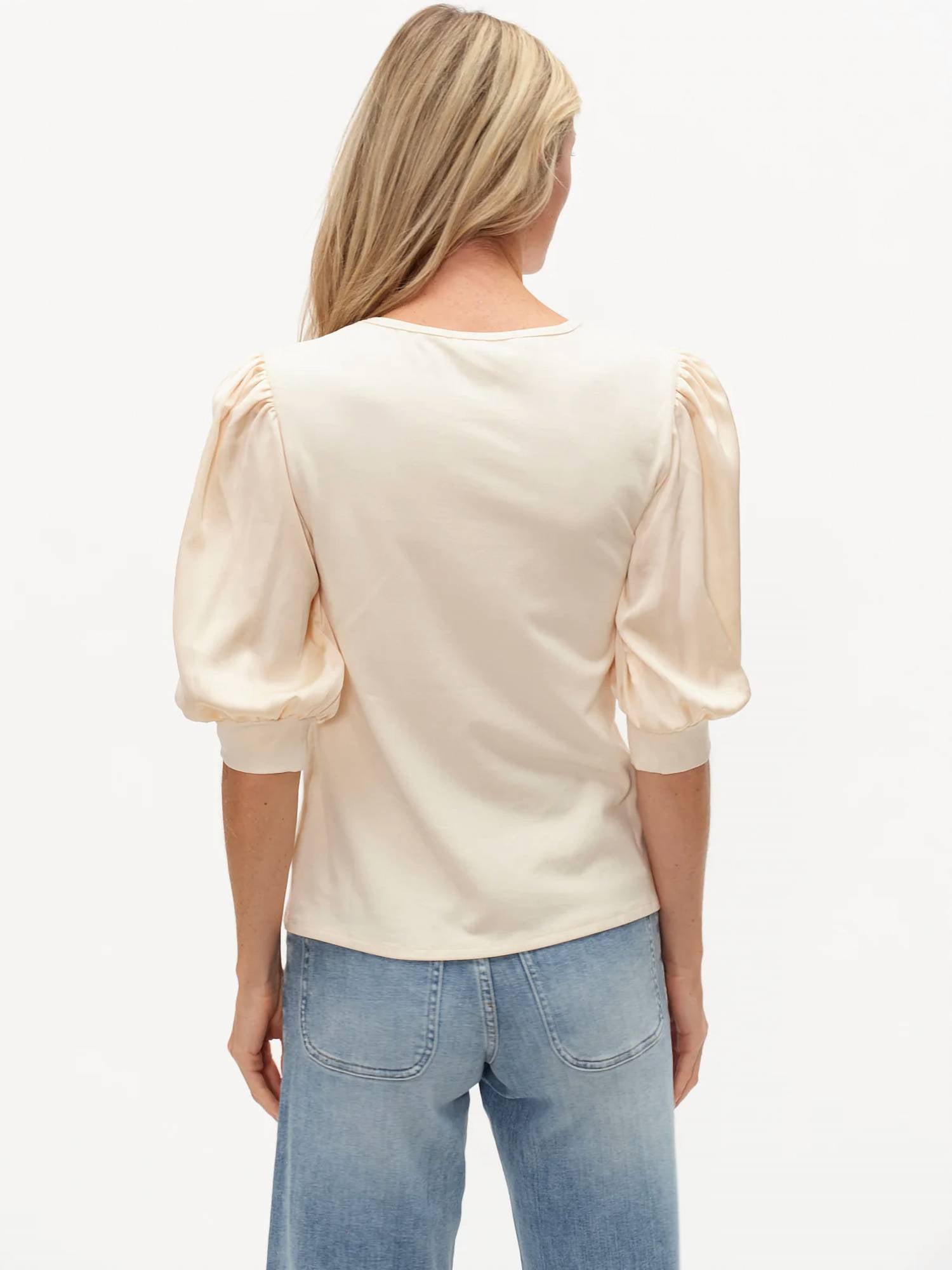 SIX/FIFTY Mixed Media Short Sleeve Top in pearl - women's blouse - alternate view
