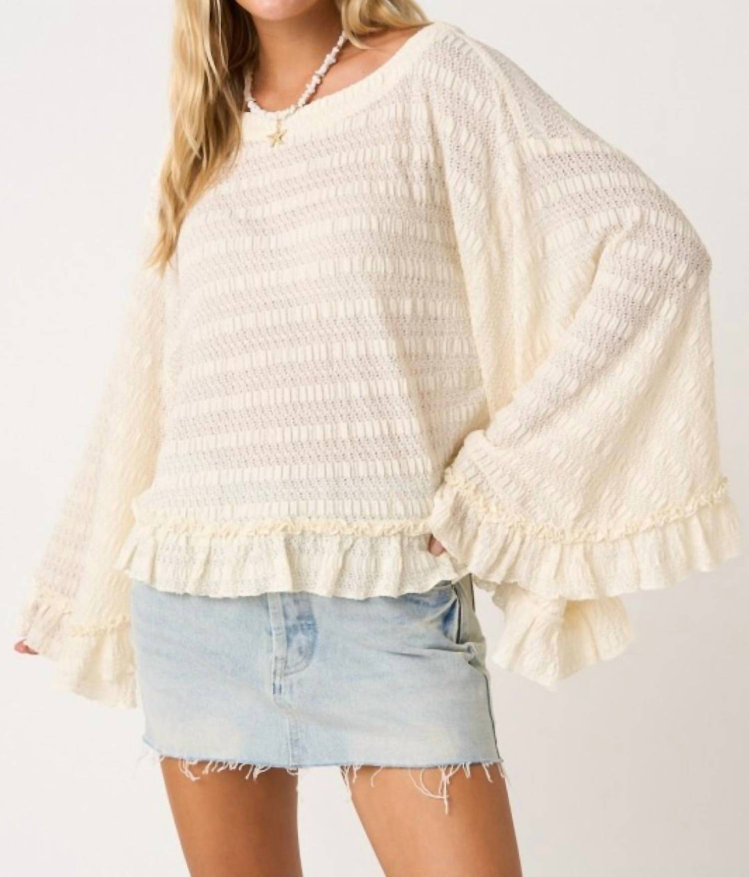 Mittoshop - Flowy Batwing Sleeve Boatneck Ruffle Hem Top