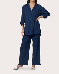 LUSANA Resort Collared Short Sleeve Shirt in indigo - women's blouse - alternate view