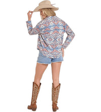 Rock & Roll Denim Aztec Knit Overshirt in blue - women's shirt - detail view