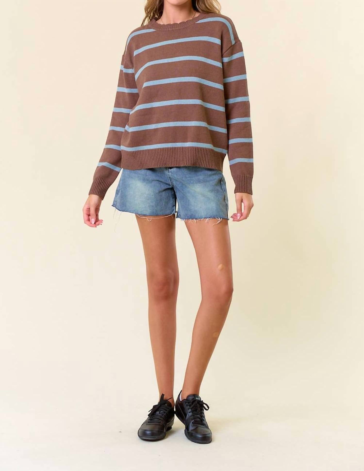Doe And Rae - Scallop Neckline Long Sleeve Striped Sweater Top