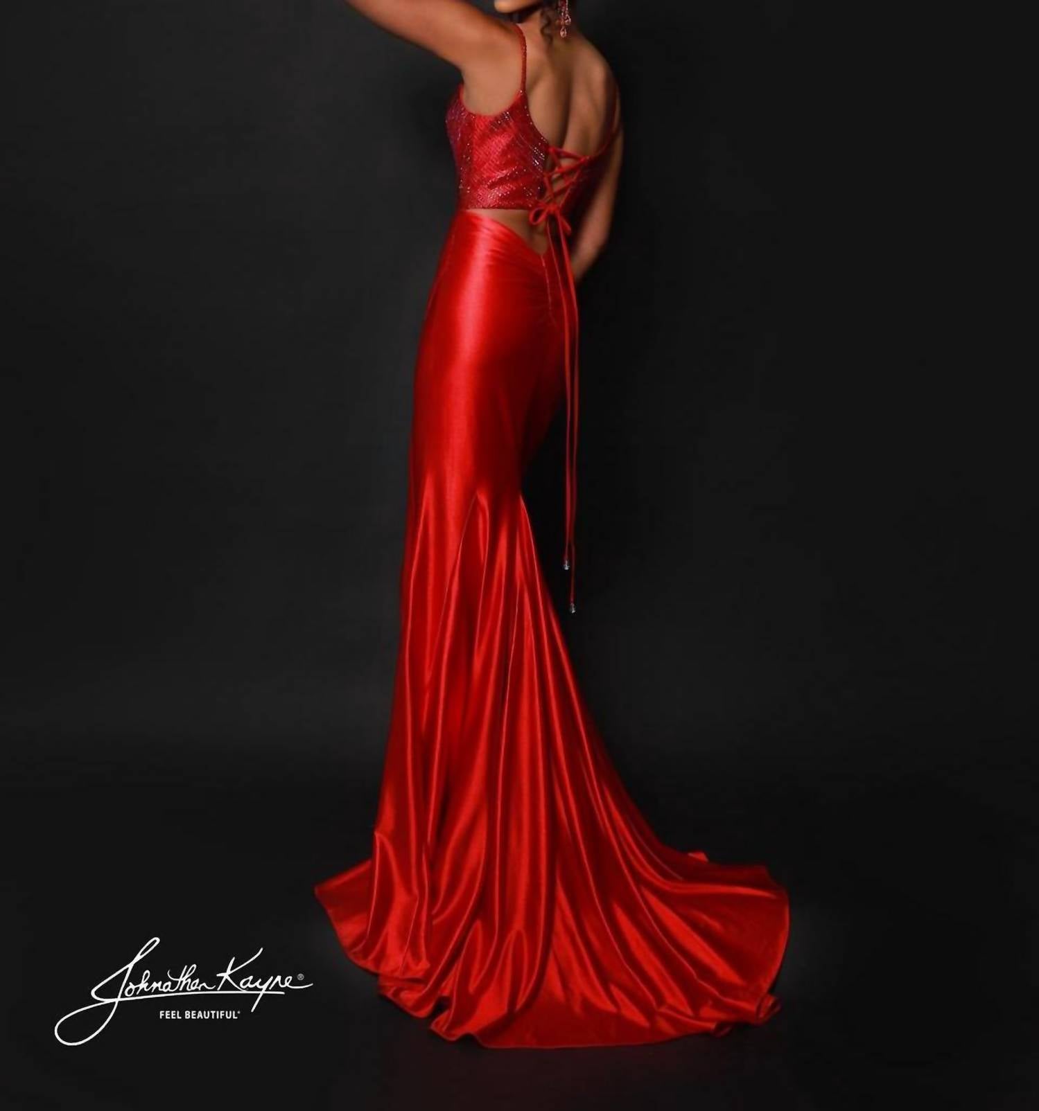 Johnathan Kayne Sparkling Two Tone Bodice Gown in red - women's dress - detail view