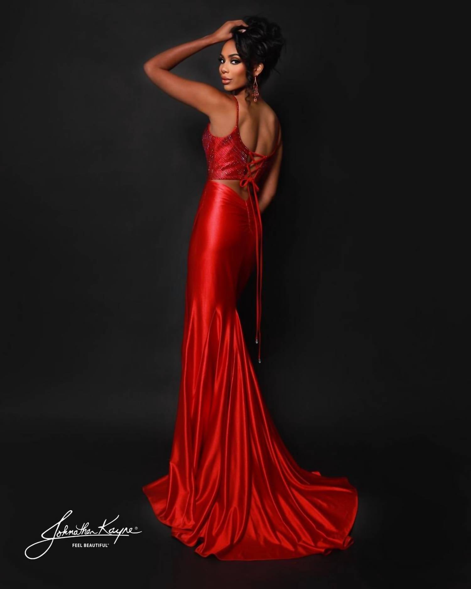 Johnathan Kayne Sparkling Two Tone Bodice Gown in red - women's dress - alternate view