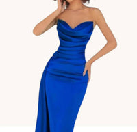 Tarik Ediz - Strapless Draped Cowl Satin High Slit Gown