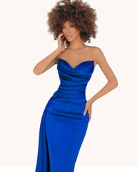 Tarik Ediz - Strapless Draped Cowl Satin High Slit Gown