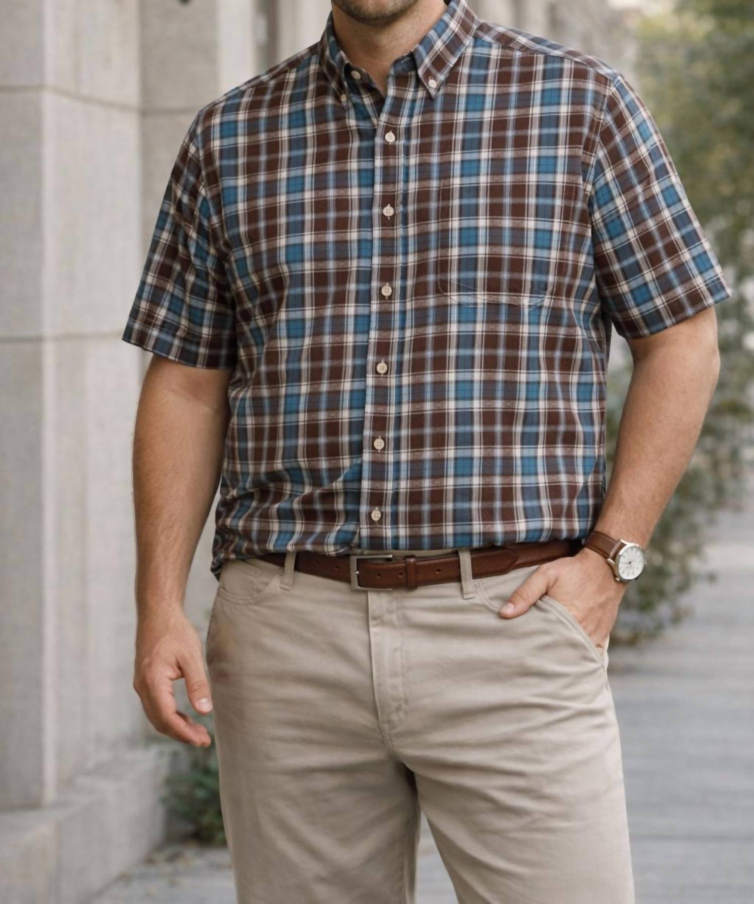 R-Options Classic Plaid Short Sleeve Button Down Shirt in multi color - men's t-shirt