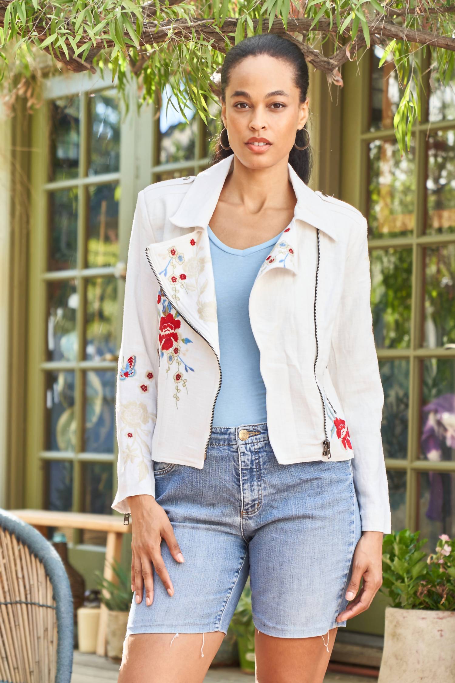Paparazzi - Embroidered Linen Blend Moto Jacket