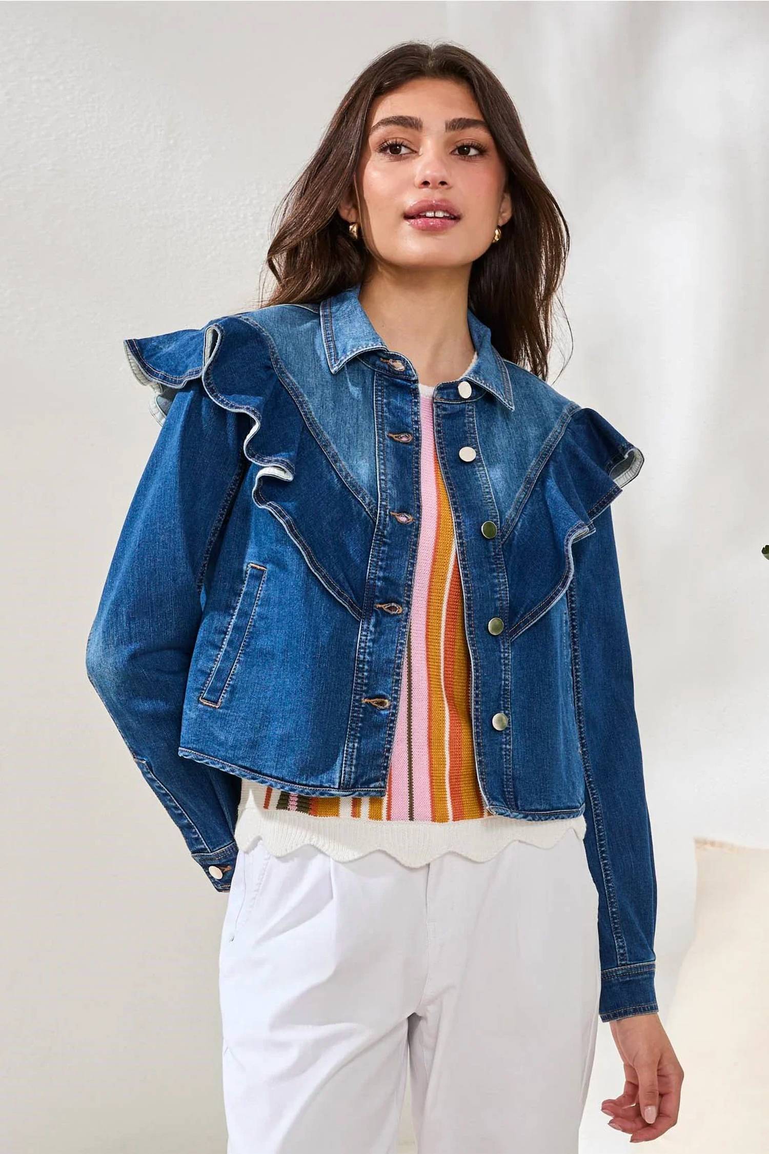 Tribal - Fayra Fashion Denim Jacket With Sculpted Ruffle Detail