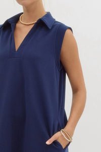 Entro - Textured Solid V Neck Dress