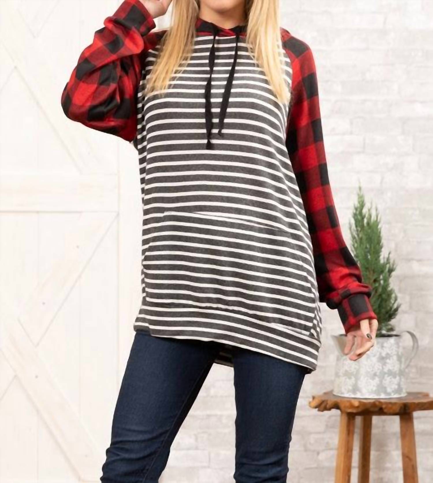 Grateful Hearts - Buffalo Plaid With Charcoal Stripe Hoodie Top