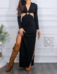 Surelymine - O Ring Cut Out Side Slits Sweater Dress