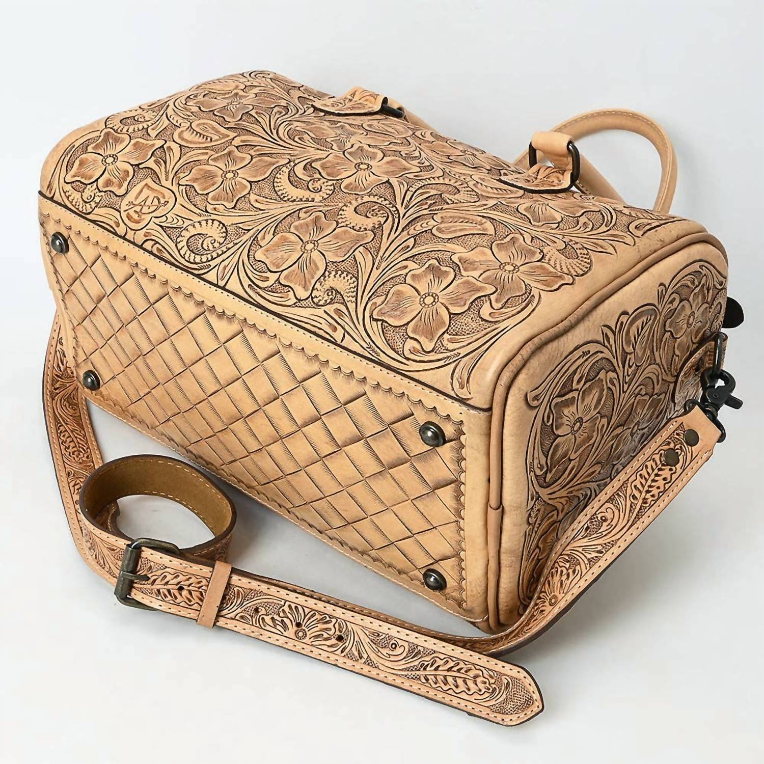 American Darling - Women's Hand-tooled Leather Duffel Bag With Floral Carving