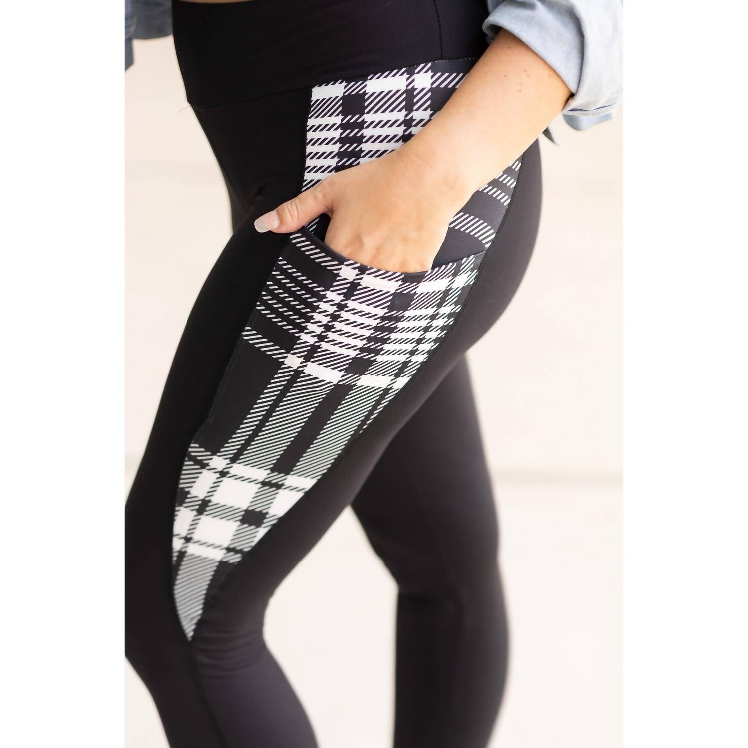 Julia Rose Gabby Plaid Panel Leggings in black white - women's pants - view 4