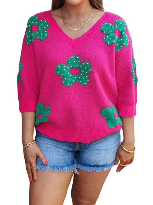 Bibi - Pearl Beads Flowers Sweater Top - Plus