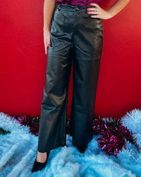 GEEGEE Quinn Faux Leather Wide Leg Pants in black - women's pants