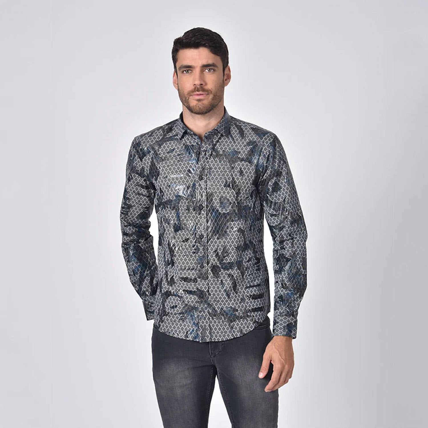 Eight X - Snake Print Foil Jacquard Button Down Shirt With Trim