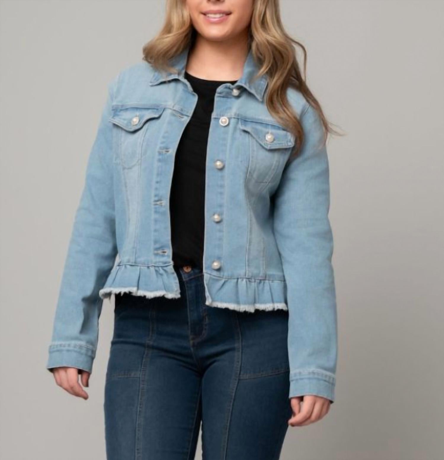 Pine Apparel - Peplum Hem Denim Jacket W/ Novelty Buttons