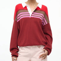 STAUD Sail Polo Knit Top in cardinal stripe - women's long sleeve top - detail view