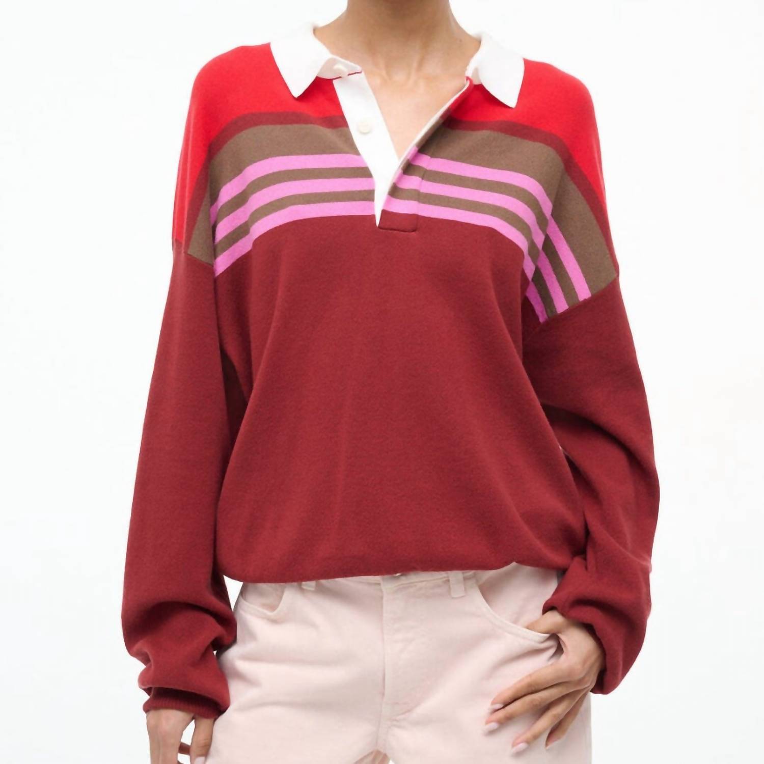 STAUD Sail Polo Knit Top in cardinal stripe - women's long sleeve top - detail view
