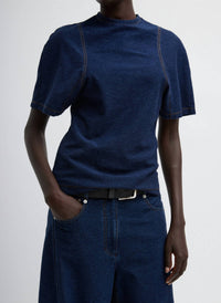 Tibi - Barre Denim Knit Scuplted Shrunken T-shirt