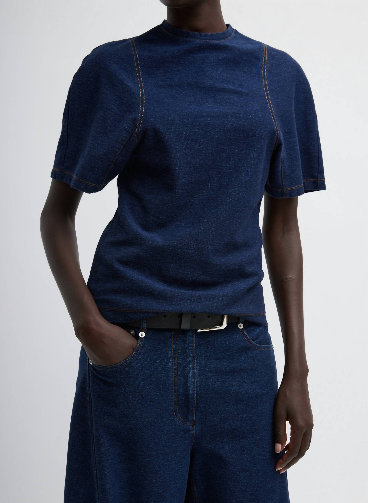 Tibi - Barre Denim Knit Scuplted Shrunken T-shirt
