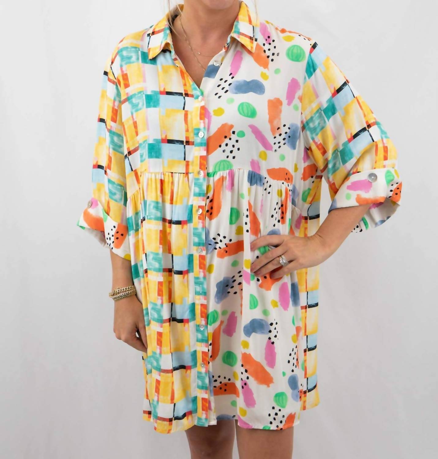 Entro - Mixed Print Button Up Mini Dress